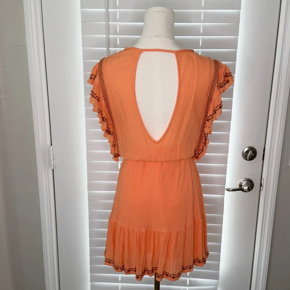 Free People Coral Orange Embroidered Ruffle Gauze Mini Dress Boho Western Sz S
